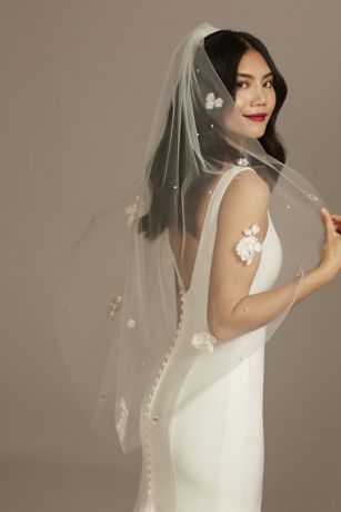 3D Scattered Floral and Pearl Fingertip Veil | David's Bridal